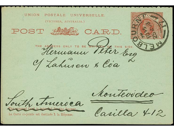 1908, 1½ d. + 1½ d. brown on blueish postal stationery complete answering card cancelled MELBOURNE 25/2/08 and on reverse mac
