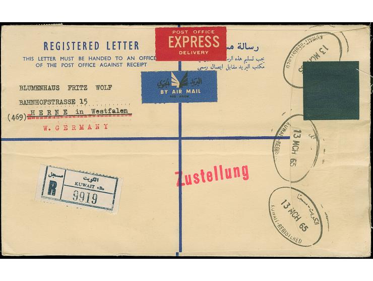 1965, Postal stationery registered envelope, stamp black overprinted and with additional stamps on reverse sent registerd exp