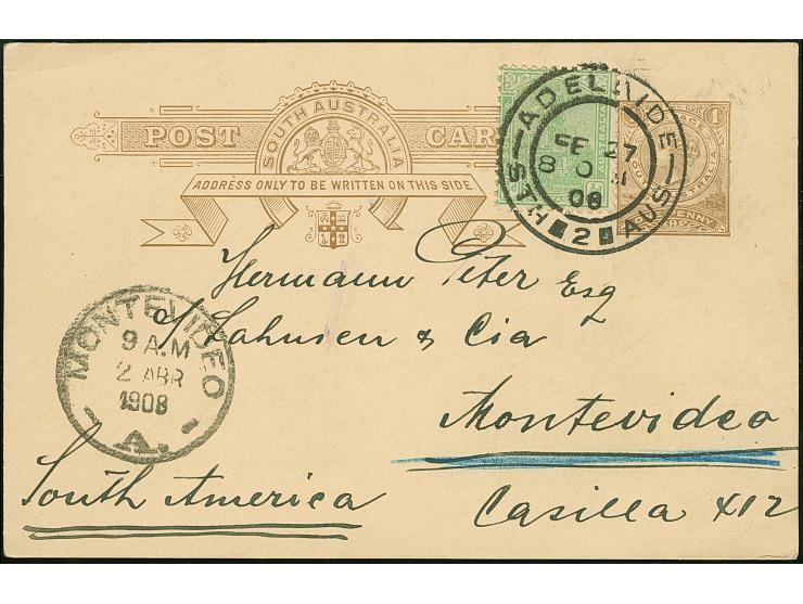 1908, 1 d. brown postal stationery card used uprated with ½ dull green, clear ADELAIDE STH 2 AUS FE/27/08 cds., addressed to 