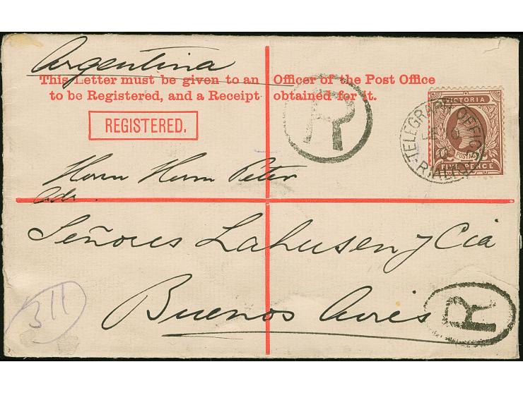 1910, 3 d. rose-red registered postal stationery envelope used uprated with QV 5 d. brown cancelled TELEGRAPH OFFICE RIALTO D