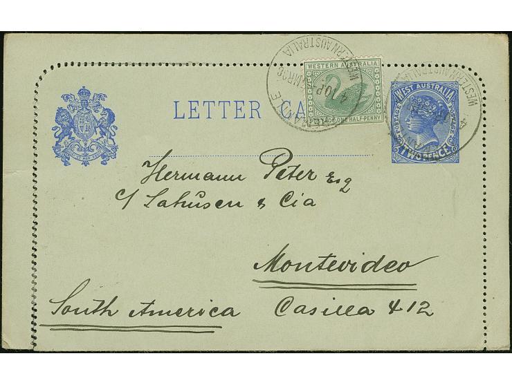 1908, 2 d. blue postal stationery letter card used uprated with Swan ½ dull green, clear FREMANTLE WESTERN AUSTRALIA 3/MR/08 