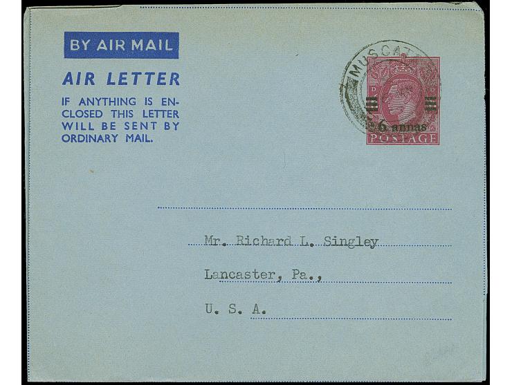 1952/81, Four postal stationery aerogramme used, including 6 a. on 6 d. lilac, overprinted issue used, First Flights Berlin a