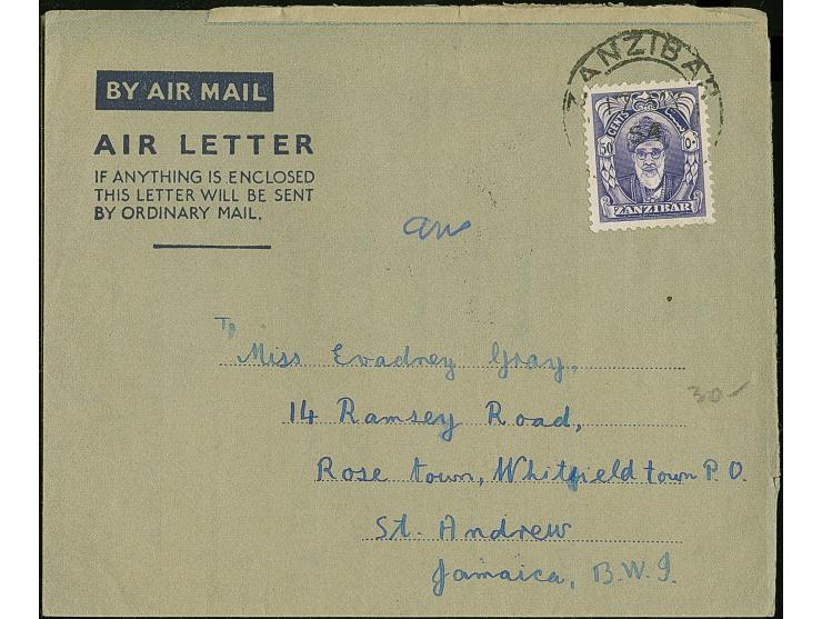 1954/64, Three postal stationery aerogramme, one used uprated with stamp 50 c. violet to Jamaica, one 20 c. carmine on dull b