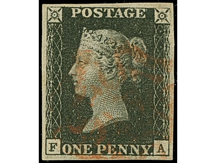 1840, Victoria One Penny black FA, Plate 5, with good to large margins, light strike of the Maltese cross in red, tiny thin, 