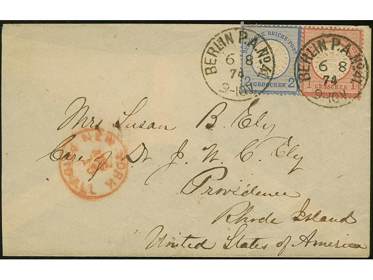 1874, 1 Gr karmin und 2 Gr grauultramarin mit EKr. "BERLIN 6/8/74" auf Transatlantik-Brief nach Rhode Island mit vorderseitig