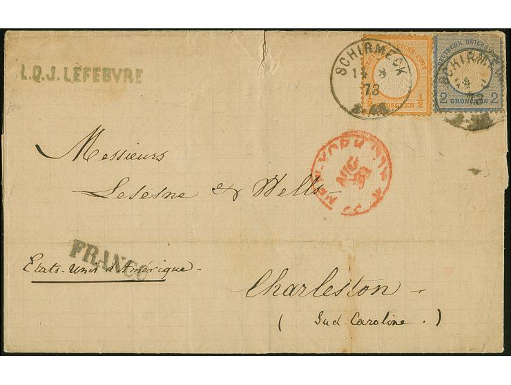 1873, ½ Gr orange und 2 Gr grauultramarin mit EKr. "SCHIRMECK 14/8/73" auf Transatlantik-Brief nach Charleston USA mit vorder