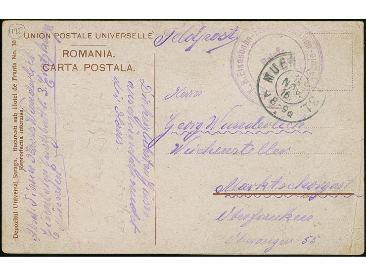 1918, 'Hotel Kronprinz Militär-Verwaltung in Rumänien Bukarest' : Feldpostkarte von Bukarest mit Tarnstempel Feldpoststation 