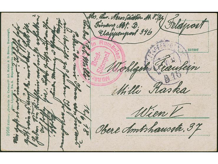 1918, "K.u.k. ETAPPENPOSTAMT 346" auf Feldpostkarte mit B.S. 'Militär-Verwaltung in Rumänien' von Bukarest nach Wien. Karte m