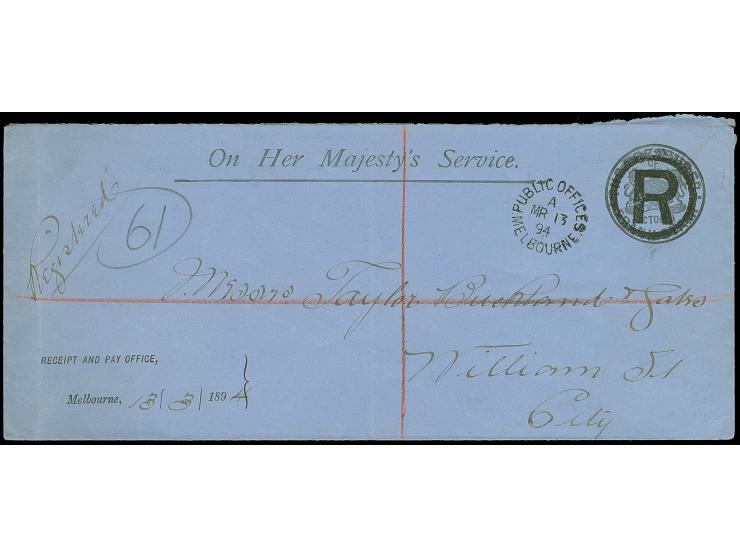 1894, official registered large size envelope with "FRANK STAMP/THE TREASURER OF VICTORIA" cancelled large “R” and 'PUBLIC OF