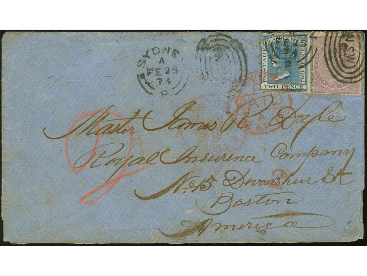 1873, QV 2 d. blue and 6 d. pale lilac (flaw and short perfs) tied to envelope by ocal N.S.W. and SYDNEY A FE/25/73 P cds. al
