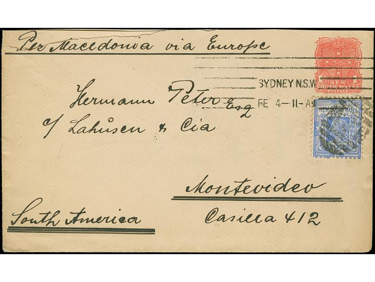1908, Two postal stationery envelopes 1 d. red and 2 d. ultramarine used uprated to Germany and Uruguay, fine corrosponding p