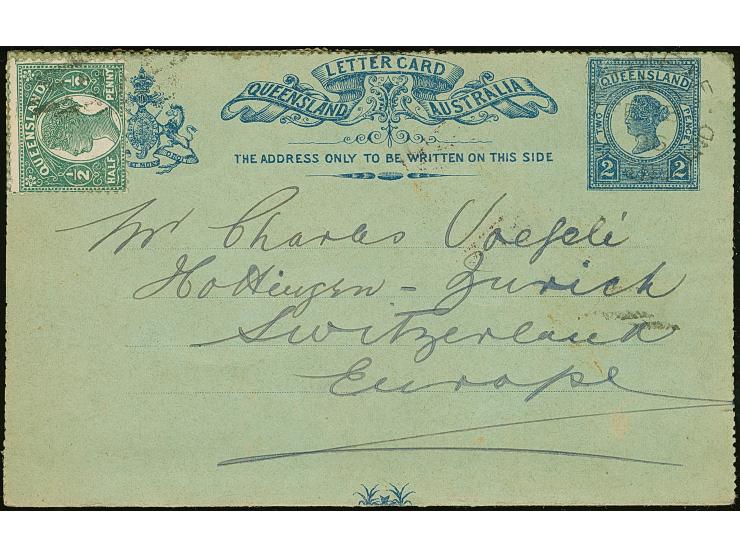 1894/96, Two used and three unused postal stationerys, including uprated letter card 2 d. blue on greenish to Switzerland, mo