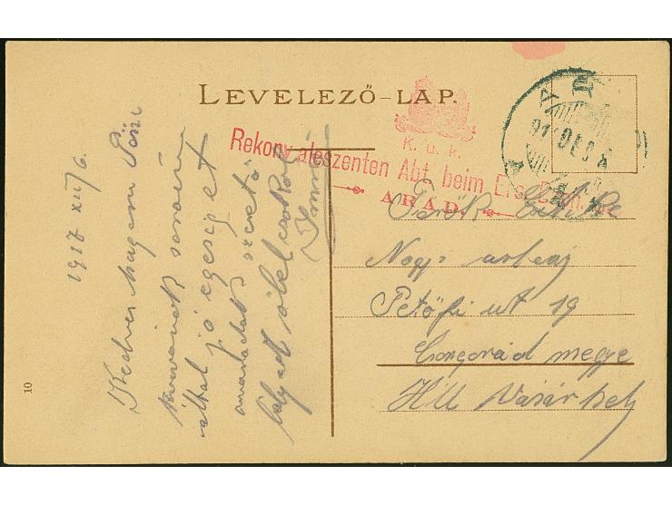 1917, “K.u.K. Rekonvaleszenten Abt. beim Ersatz Baon.8c. ARAD” red twoliner on fieldpost card ‘Arad.Kossuth Szobor’ to Congor