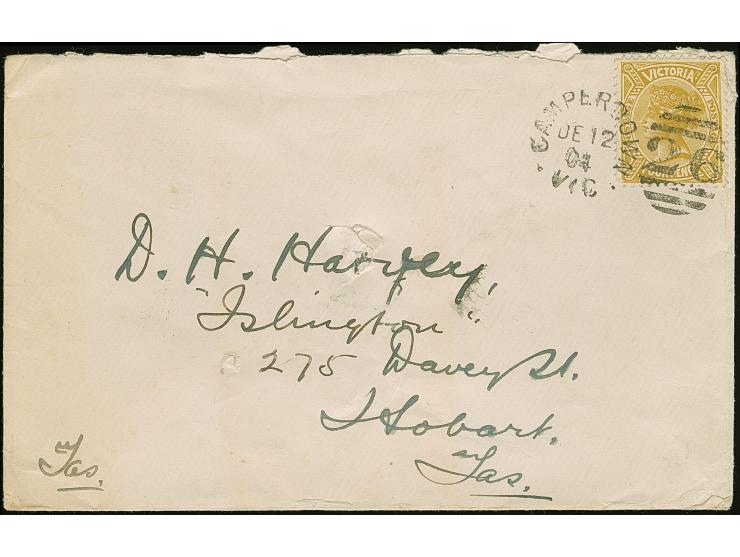 1889/1904, ½ d. rose stationery wrapper cancelled "6 - PORT FAIRY A DE/20/89 VICTORIA" to London and 4 d. bistre tied to cove