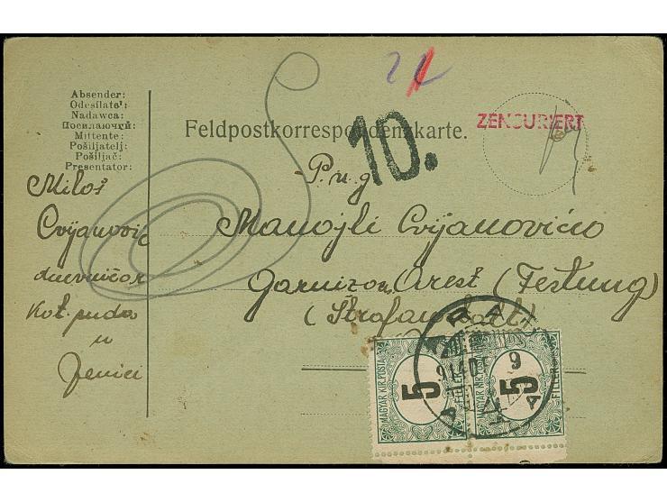 1914, PPC of Prisoners in teh ARAD Fortress and fieldpost card to the military prison Arad with pair 5 f. postage due tied by