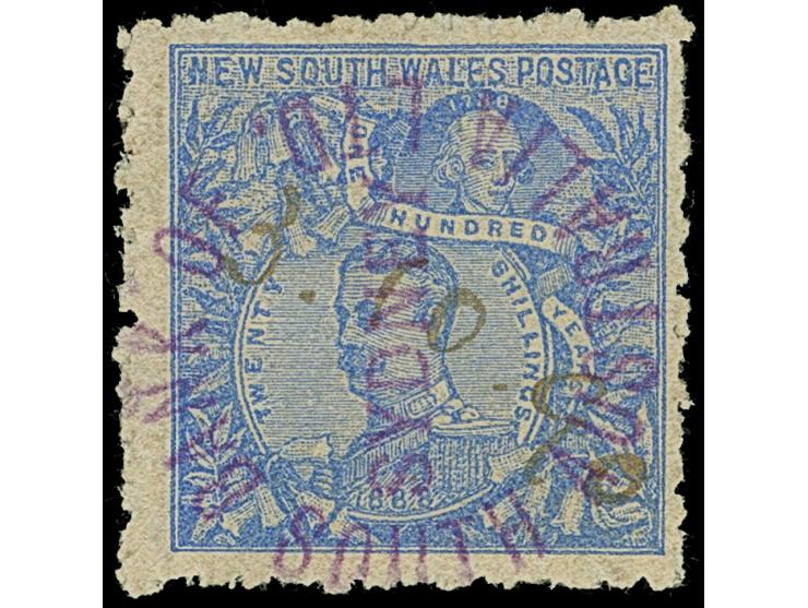 1890, Centennial Issue 20 sh. cobalt-blue, watermark ´20/-´ in circle, perf. 10x11, violet cancelled 'BANK OF SOUTH AUSTRALIA