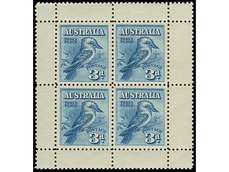 1928, Fourth National Stamp Exhibition 3 d. blue "Kookaburra" sheetlet of four, variety ‘unsuccesfull horizontal double perfo