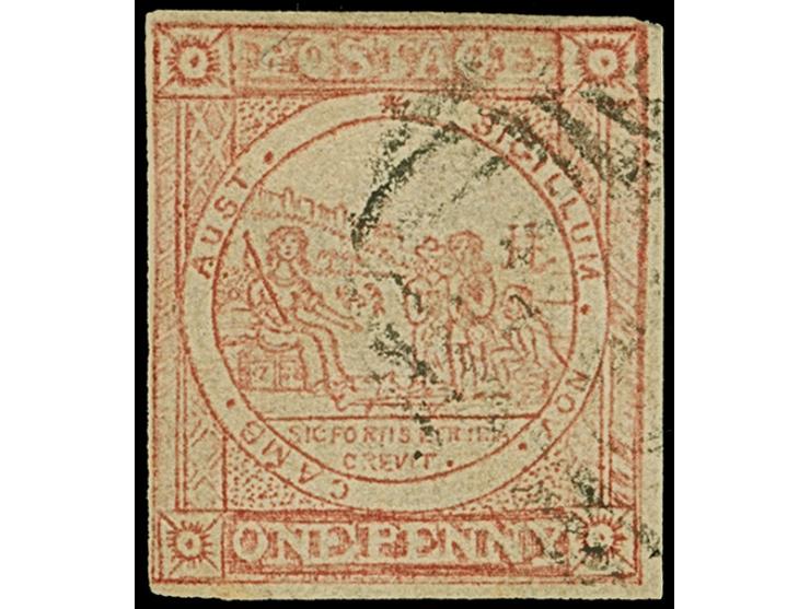 1850, Sydney Views 1 d. reddish rose, soft yellowish paper, Plate I, good to large margins, light cancelled, tiny faded, othe