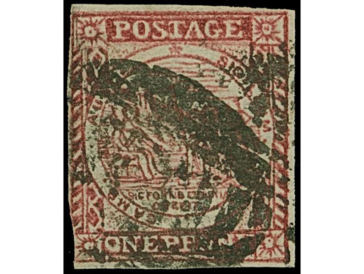 1850, Sydney Views 1 d. dull carmine, Plate II, good margins on three sides, touched at bottom left, somewhat heavy cancel, f