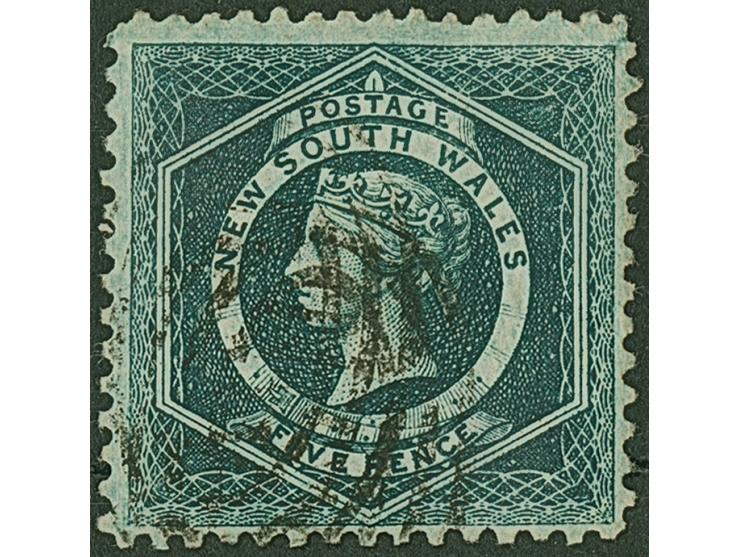 1861/88, Corbould 5 d., inverted wmk. “Crown NSW” (40) and “WA”, eight stamps of variable centering in shades of green and ye