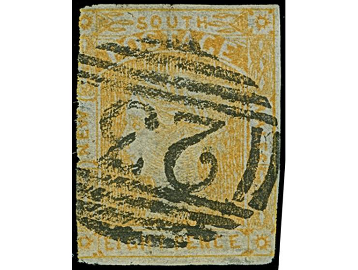 1853, Laureated 8 d. dull yellow on medium blued paper, well margins on three sides, touched at lef, clear cancelled numeral 
