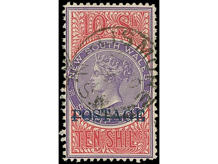 1886, Stamp Duty 5 s. lilac &amp; green overprinted POSTAGE in black, perf. 12 x 10 fiscal cancel SYDNEY 4.JAN.86 and 10 s. m
