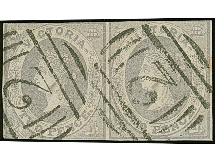 1857, 2 d. gray lilac, horizontal pair, clear cancelled "2" (Geelong), margins good at right and left, closed at top and bott