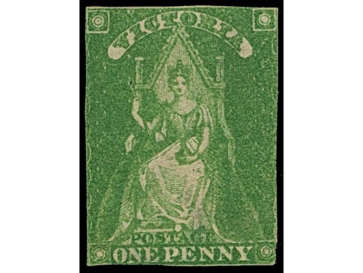 1856, 'Queen on Throne' Recess by Perkins Bacon 1 d. yellow-green, wmk. Star, both values unused no gum, closed to touched ma