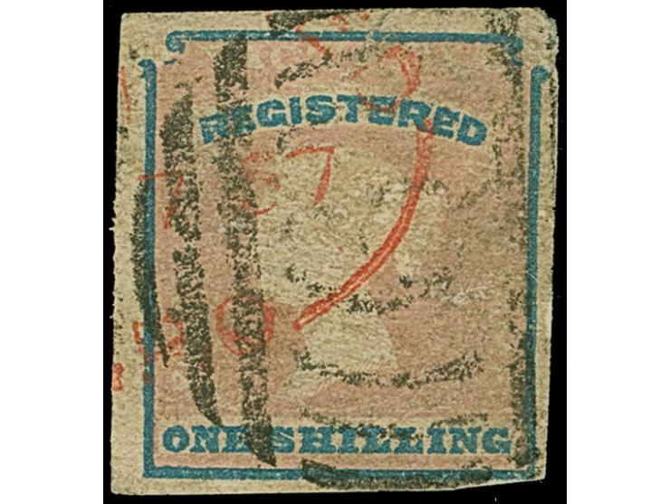 1854, Typographed from Woodblocks by Samuel Calvert, 6 d., Too Late and Registered three clear cancelled stamps, mostly ample