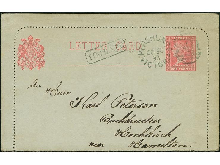 1893, 1 d. rose postal stationery letter card cancelled PENSHURST VICTORIA OC/30/93 boxed TOO LATE alongside, on reverse tran