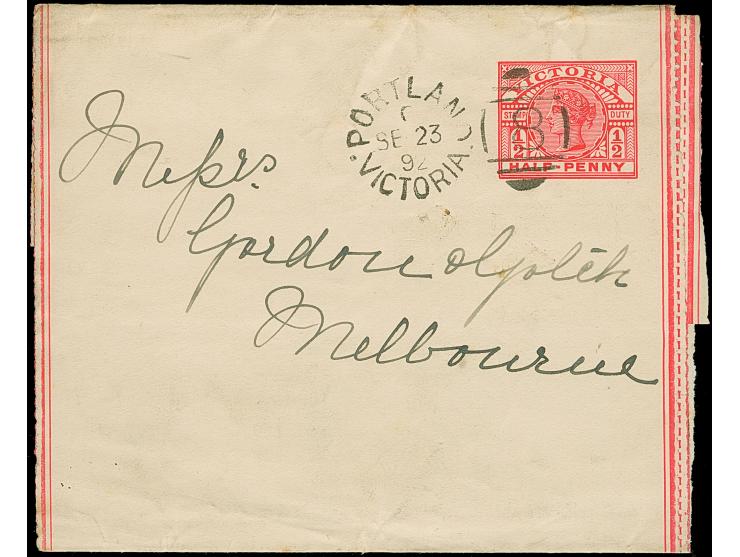 1892/1904, ½ d. rose postal stationery wrapper cancelled PORTLAND VICTORIA SE/23/92 “8” and 2 d. violet tied to envelope by R