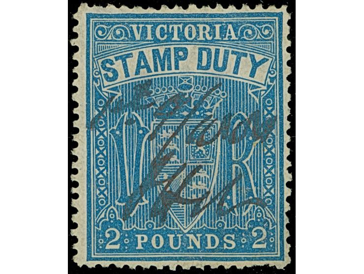 1880/90, Stamp Duty £2 blue, ms. cancel, plus 3 sh. drab, statute revenue £1 brown cancelled and 2 d. tax stamp unused, fine.