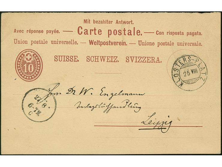 1881, Ganzsachenkarte 10 C rot, Frageteil entwertet mit grossem Zwergstempel KLOSTERS-PLATZ 25 VIII (AW Gr. 139) nach Leipzig