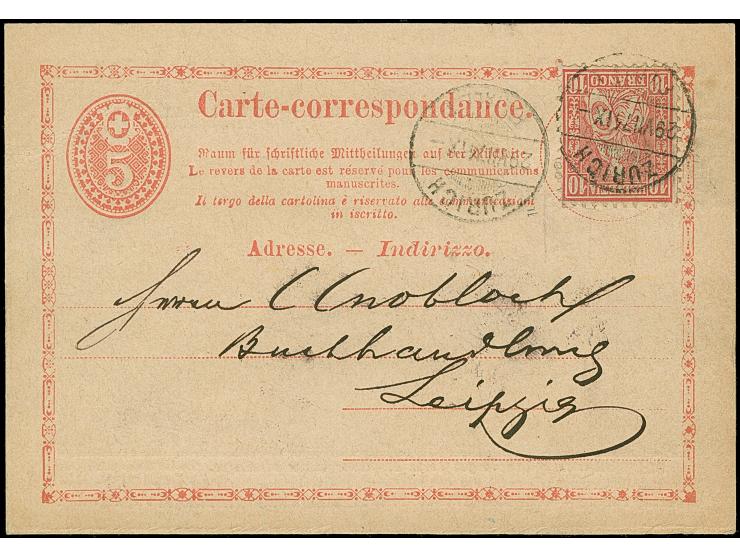 1874/76, Ganzsachenkarte 5 C rosa mit rs. Zudruck, 10 C rosa und zwei Karten 5 C braun je mit Zusatzfrankatur Sitzende Helvet