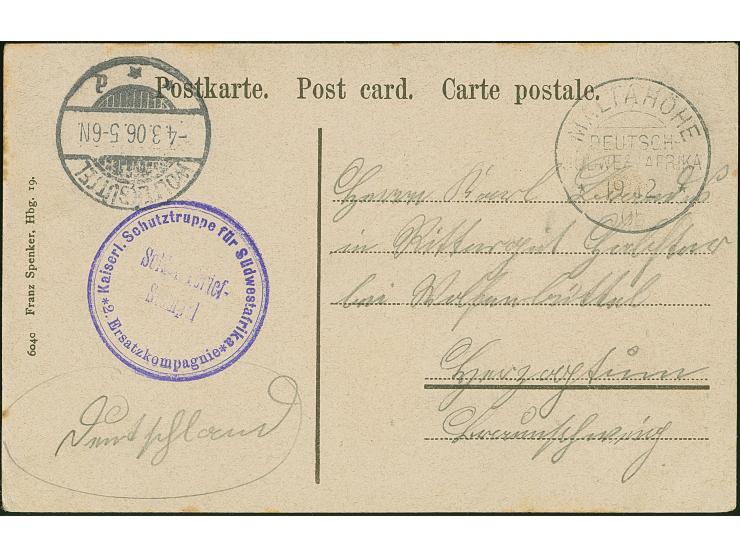 1906, Feldpost-Ansichtskarte (Kriegsbilder ‘Auf Posten’) mit Aufgabestempel "MALTAHÖHE Deutsch-Südwestafrika 19.12.05" und vi