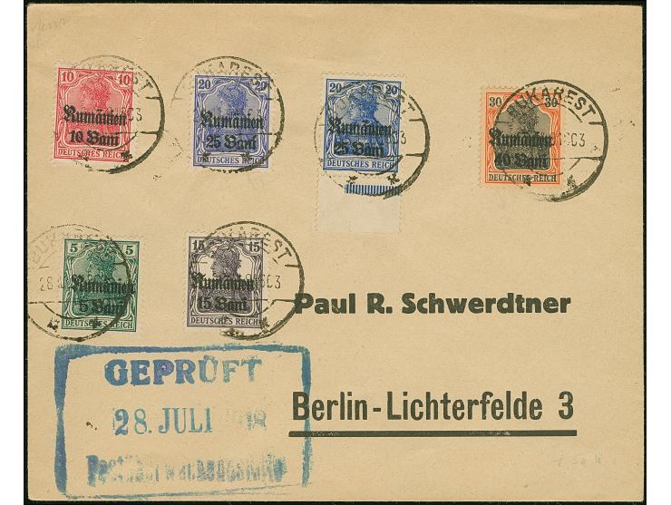 1918, Firmenbrief mit sechs Werten bis 30 Pf., dabei 20 Pf in zwei Farben, Stempel Bukarest 28.Jul.18, großer blauer R3 “Gepr