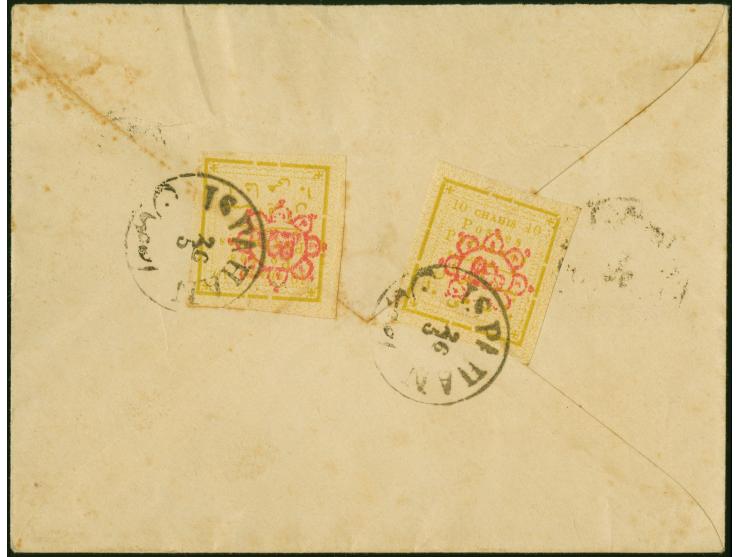10 ch., 2 single copies with large margins, tied by c.d.s. "ISPAHAN 26/5" to reverse of commercial registered cover, with fro