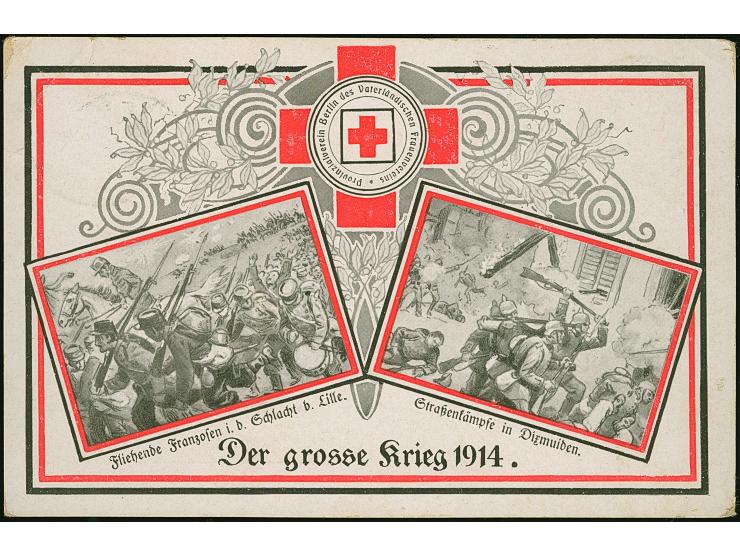 1914/15, Rotes Kreuz 15 Ansichtskarten und offiz. Postkarten teils gelaufen, dabei Zahlkarte für Spenden.