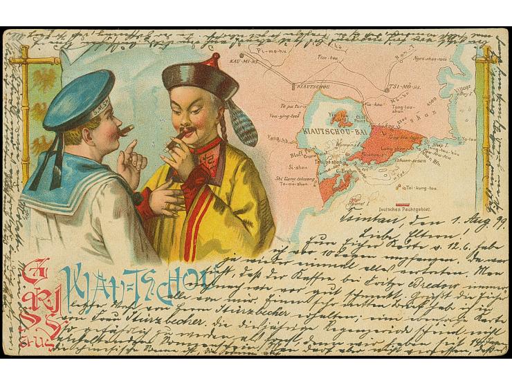 1898/1904, Drei Ansichtskarten mit interessanten Motiven, Landkarte und Fahne, zwei 'Gruss aus Kiautschou" und Schmähkarte mi