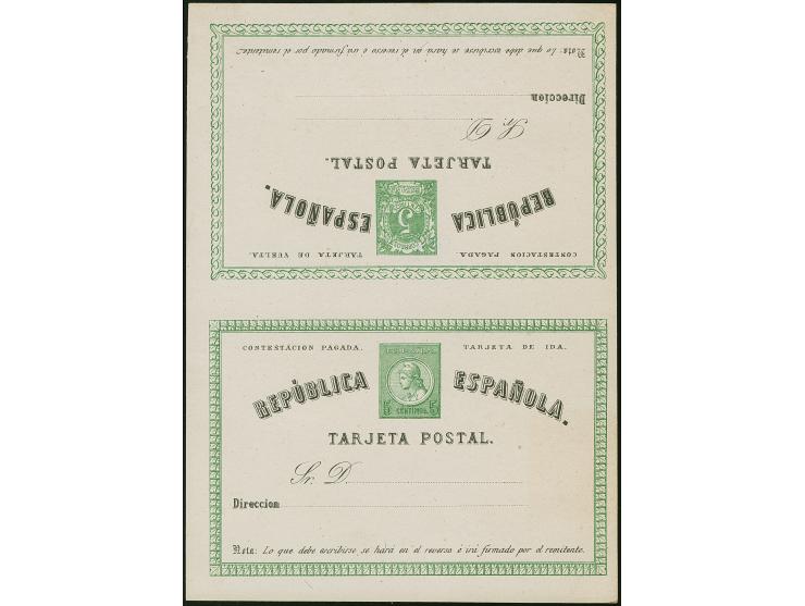 1873, Postal stationery answering card 5+5 c. green unfold and unused, tiny paper adhesives on reverse, otherwise very fine.
