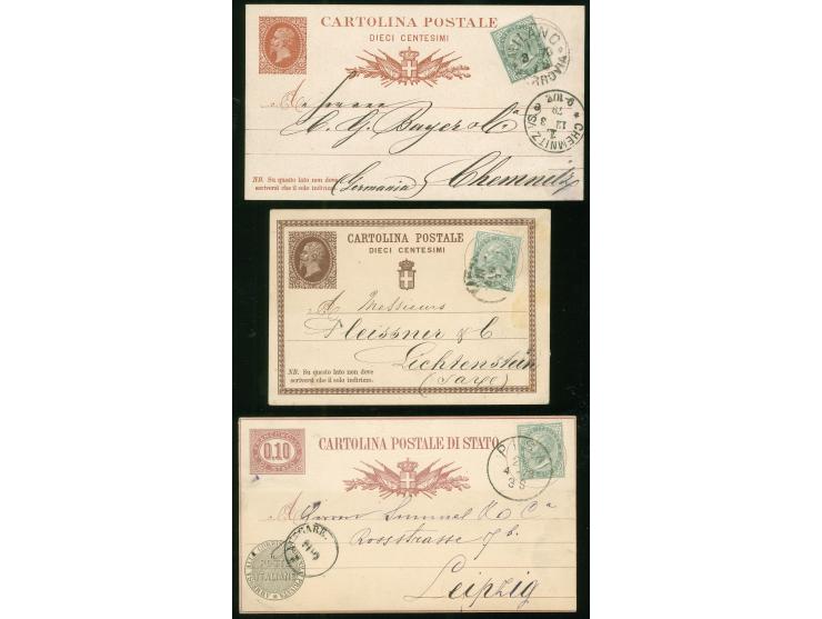 1878/79, Three 0,10 l. postal stationery cards, each used with additional franking 5 c. grey-olive to Chemniz, Sachsen and Li