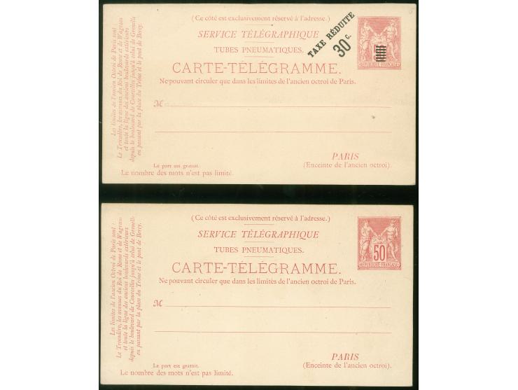 1879, ‘Carte-Telegramme Tubes Pneumatiques’ first issue two postal stationery cards, one overprinted 30 c. on 50 c., both unu