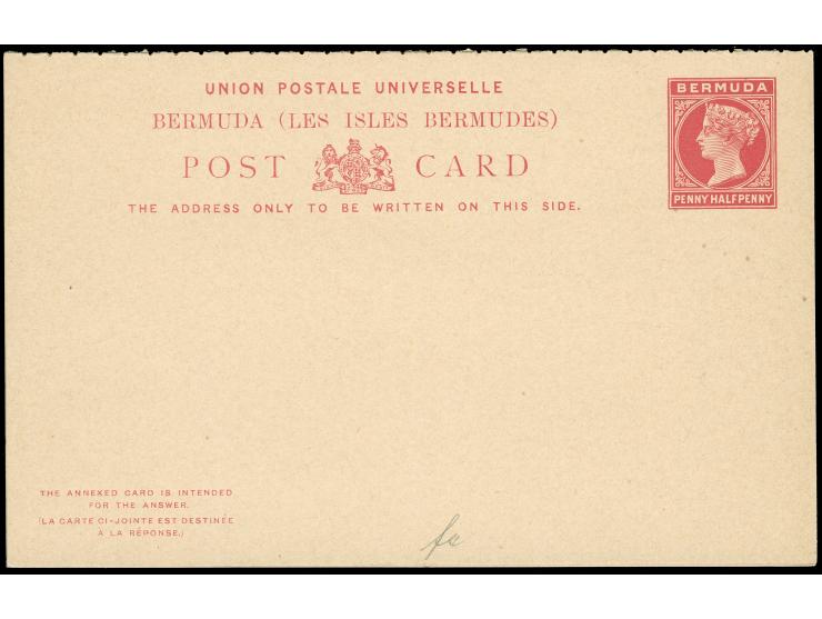 1880/93, set of 9 postal stationery cards unused, starting 1/2 d. brown and 1 d. carmine on buff, two complete answering card
