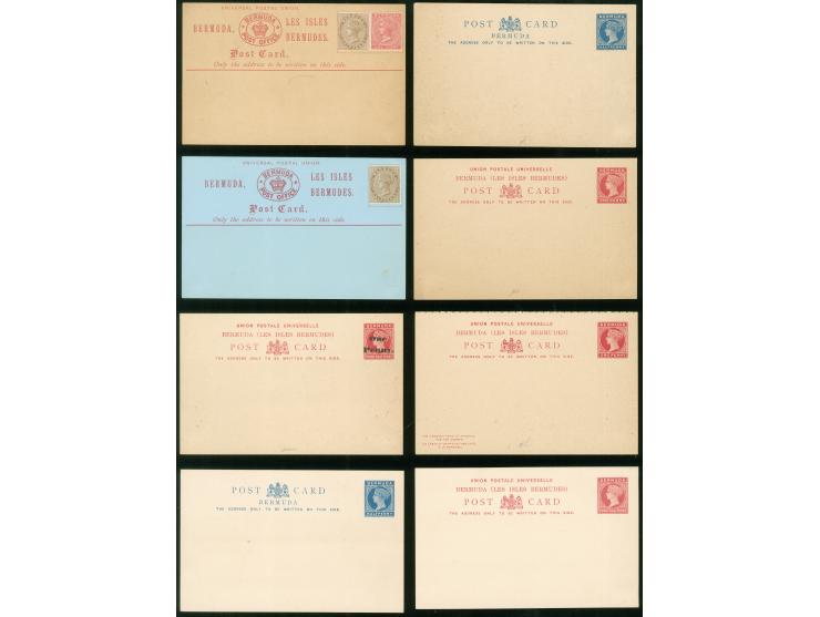 1880/93, set of 9 postal stationery cards unused, starting 1/2 d. brown and 1 d. carmine on buff, two complete answering card
