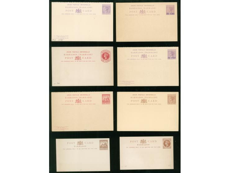 1886/91, set of 9 postal stationery cards, including 1891 ONE PENNY on 1½ d. + ONE PENNY on 1½ d. overprinted QV lilac statio
