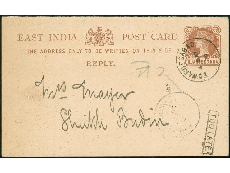 1880/90, Ten postal stationery cards including officials, ¼ a. blue cancelled by oval-framed ´stamp office / cancelled / Bomb