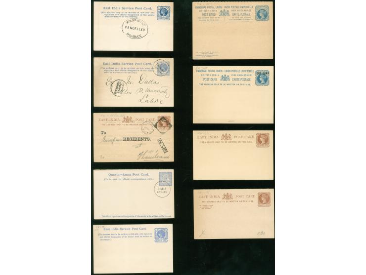 1880/90, Ten postal stationery cards including officials, ¼ a. blue cancelled by oval-framed ´stamp office / cancelled / Bomb