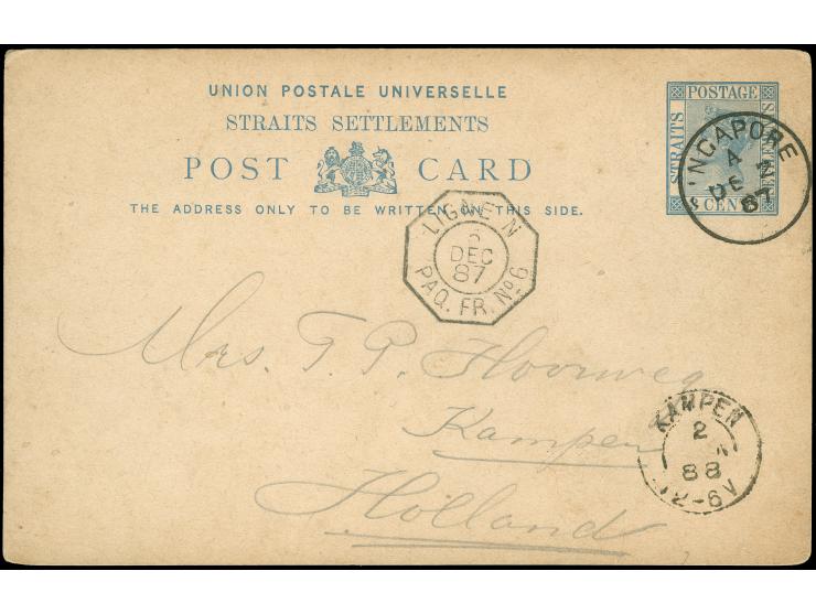 1887, postal stationery card 3 d. blue to Netherlands, cancelled by Singapore A DE/2/87 cds., ‘LIGNE N Paq. Fr. no 6 5/DEC/87