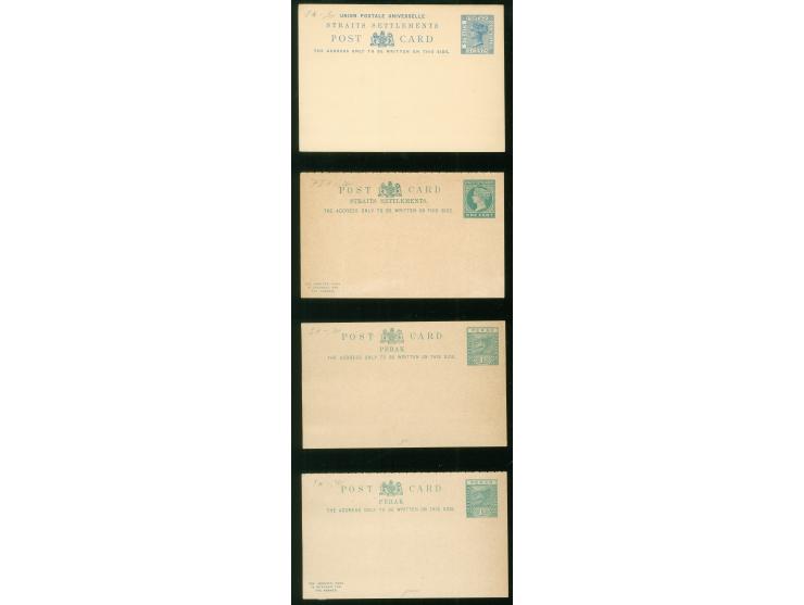 1879/93, 12 postal stationery cards, unused, Two Cents on 3 c. blue overprinted, including three cards Perak, few tiny border