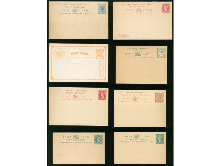 1879/93, 12 postal stationery cards, unused, Two Cents on 3 c. blue overprinted, including three cards Perak, few tiny border